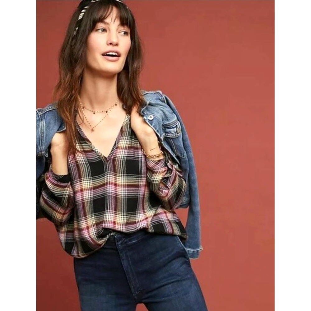 Cloth & Stone for Anthropologie Pink Plaid Ruffle Neck Flannel Top Boho‎ Medium
